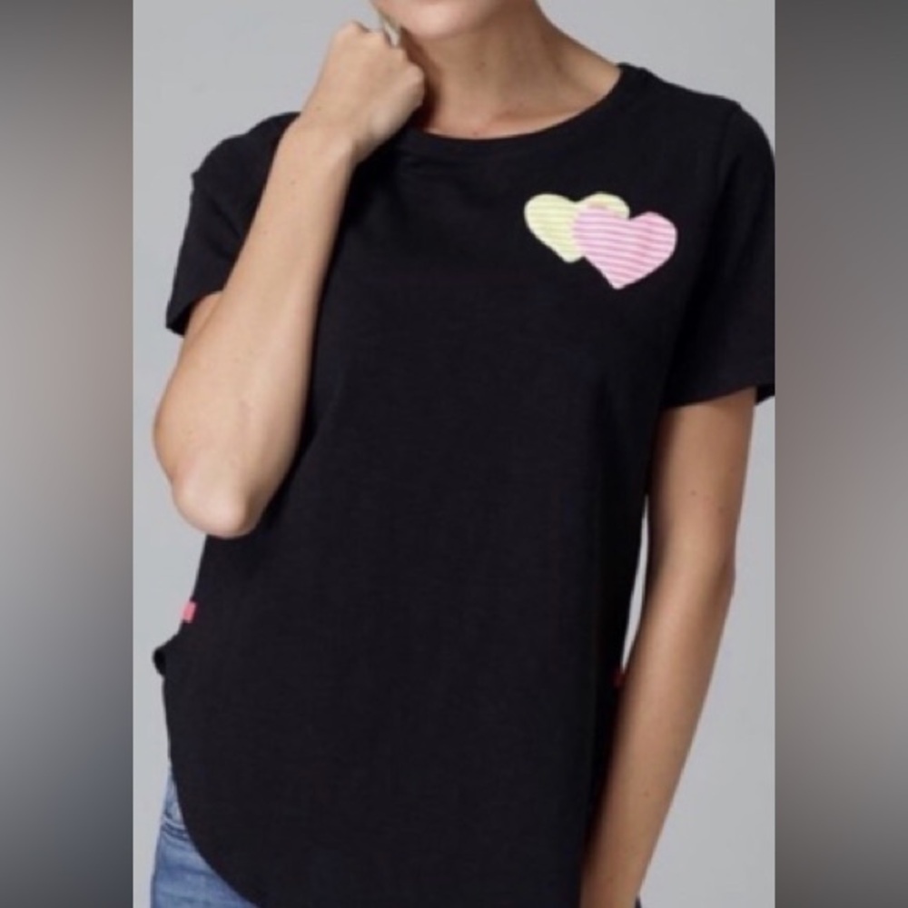 Lisa Todd Black T-Shirt with Heart patch pockets.